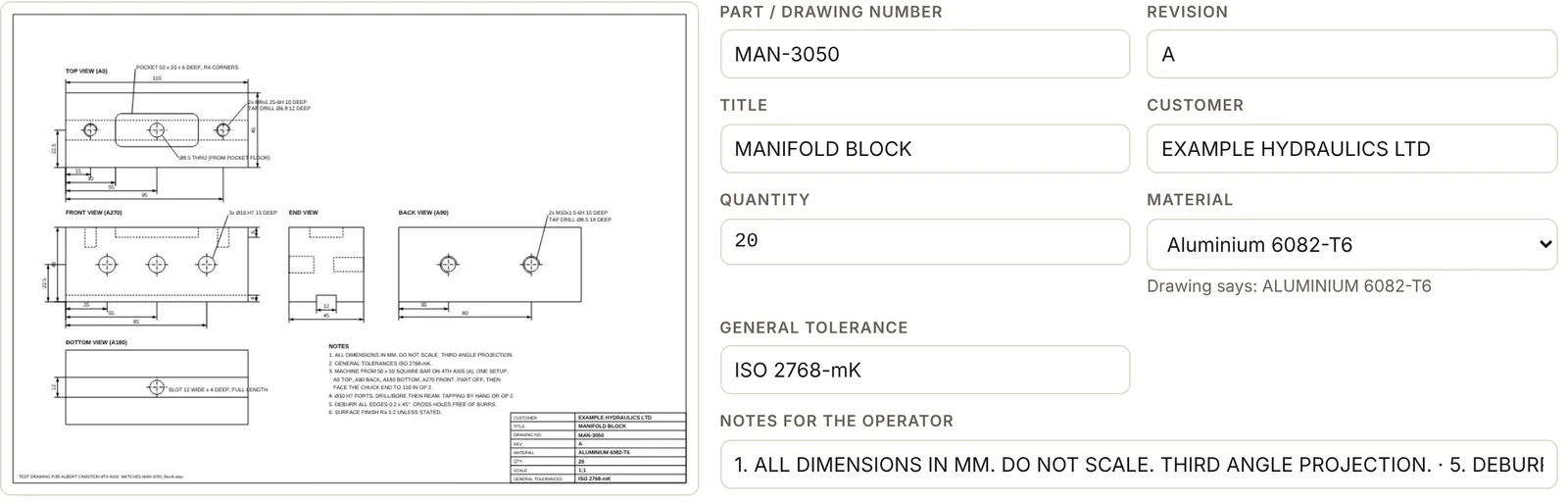 CAMstein's drawing check screen with the part number, material, fits and threads it found